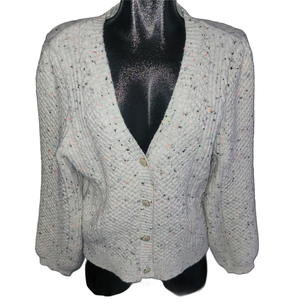 Grey Collective Women's White Speckled Knit Button-Up Cardigan Sweater Size L
